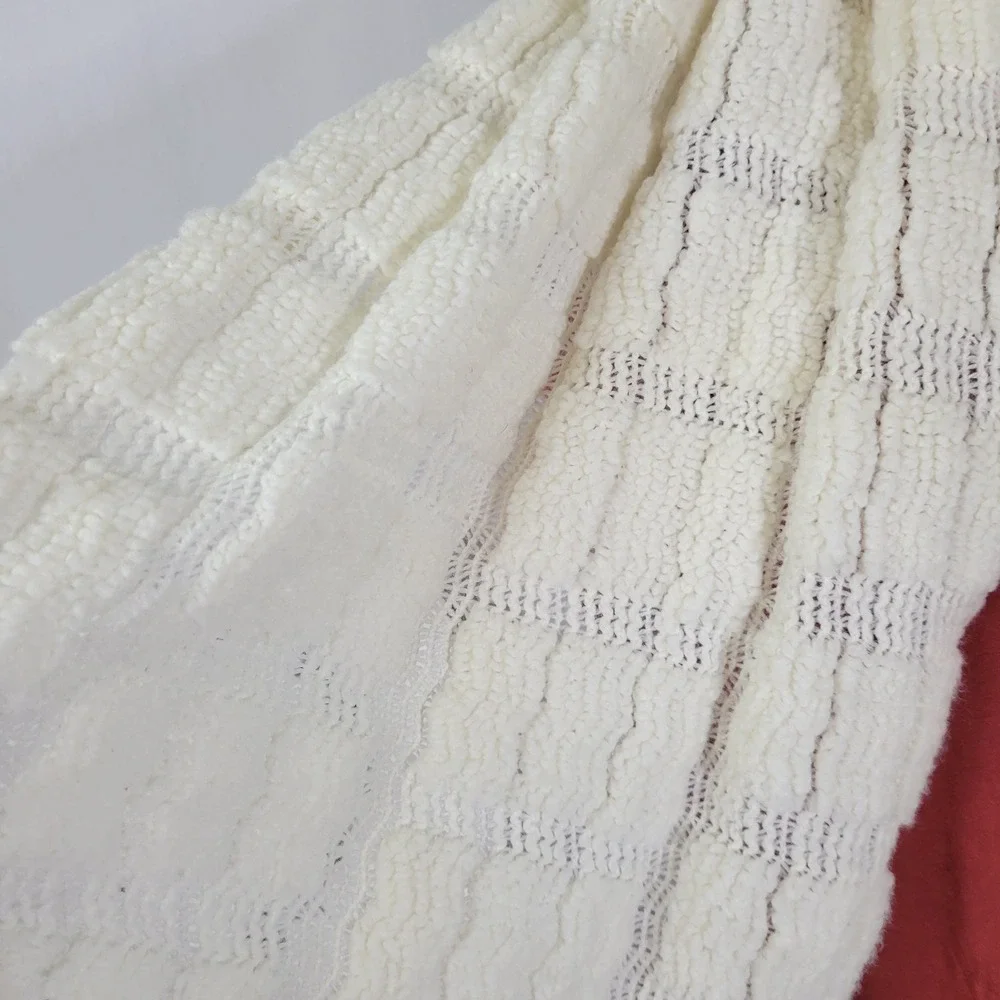 Cream White Textured Knit Scarf with Braided Tassel Fringe‎ Bohemian Wrap